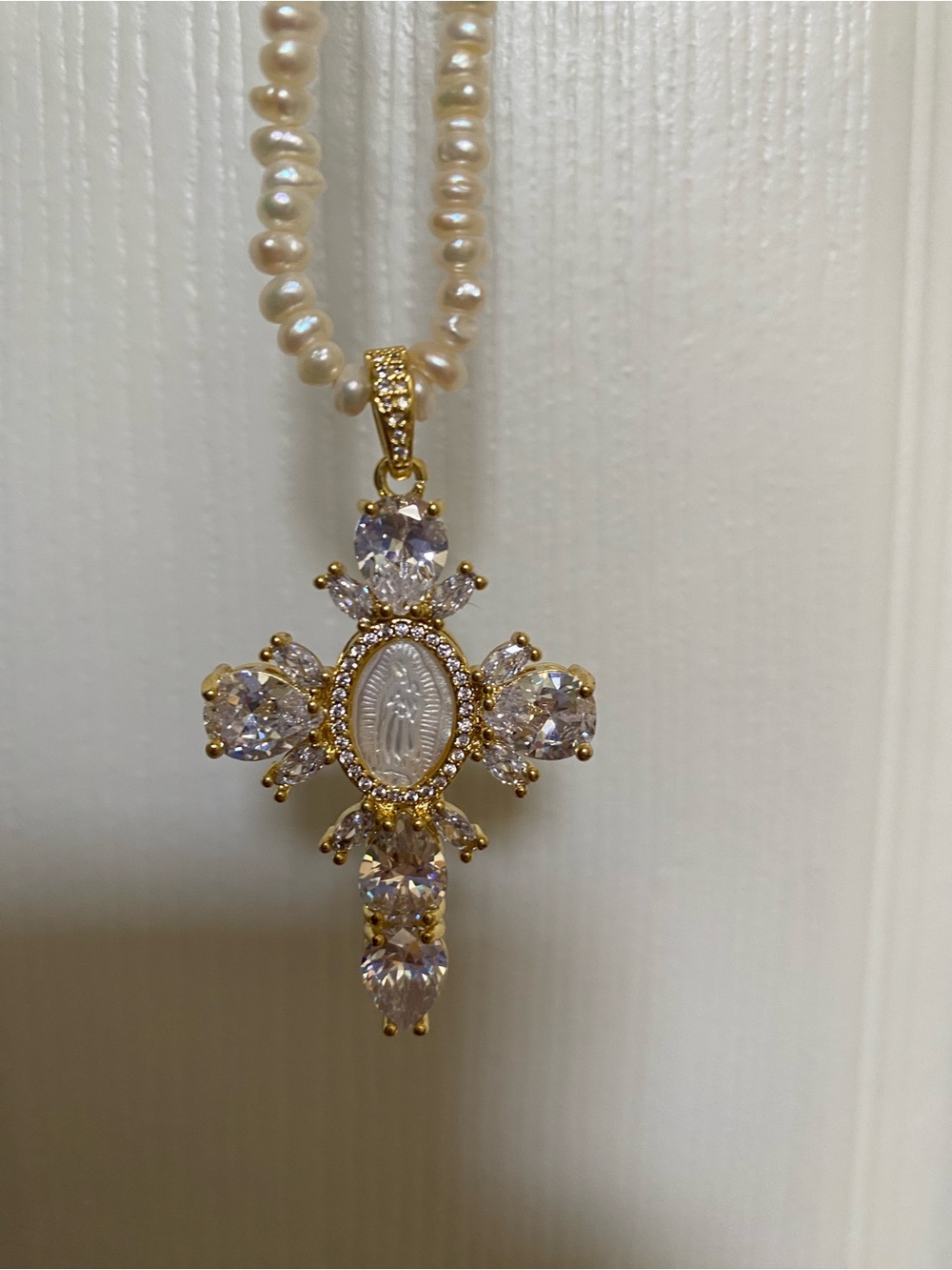 Virgin Mary Cross Gold and Crystal Cross Pendant and Freshwater Pearl Necklace